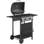 Outsunny Gas Burner Barbecue Grill, 2 Burner Gas Grill with Side Tables, Warming Rack, Shelf, Thermometer, Grease Tray, Black