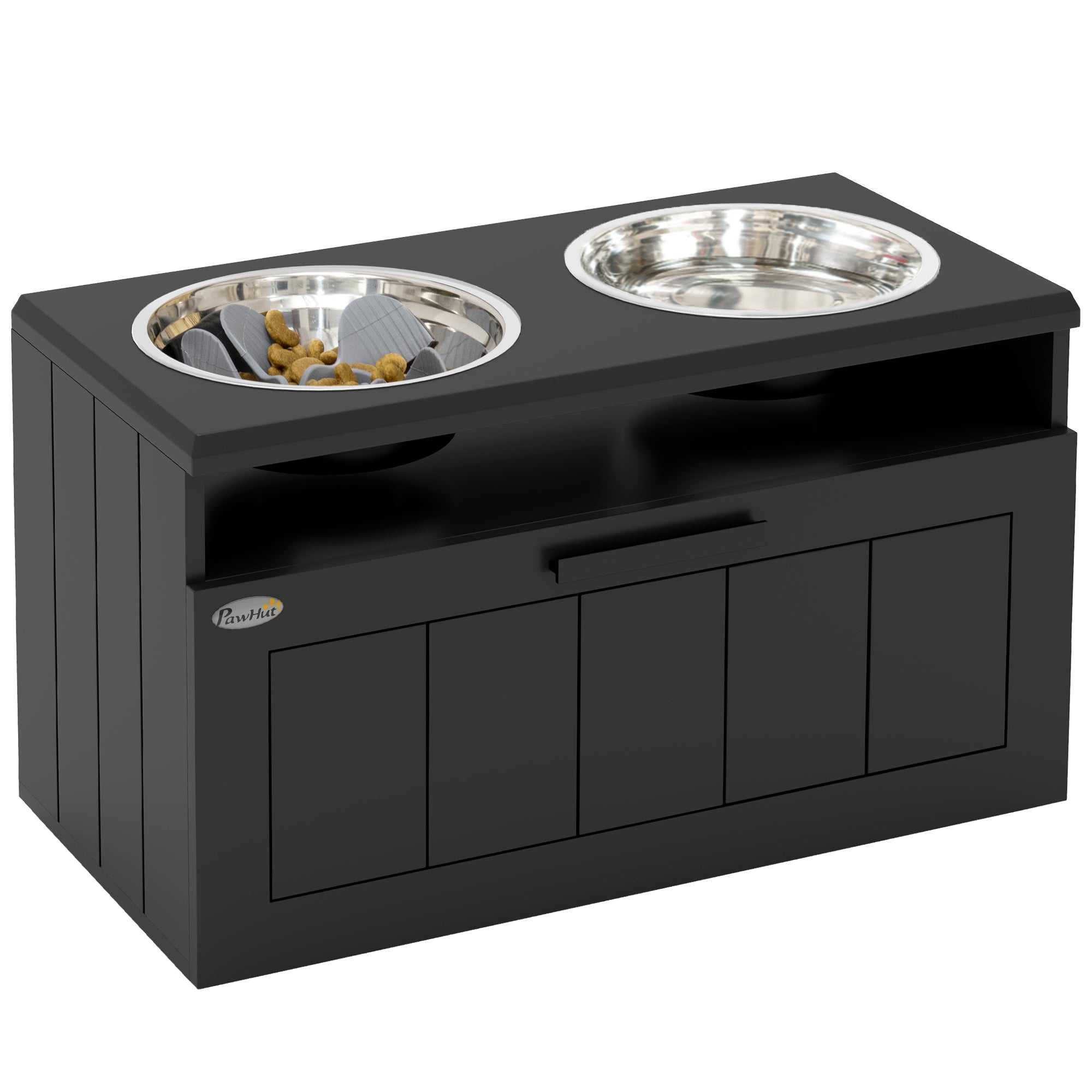 PawHut Raised Dog Bowl with Slow Feeder, Two Stainless Steel Dog Bowls, Drawer, for Large and Extra Large Dogs, Black