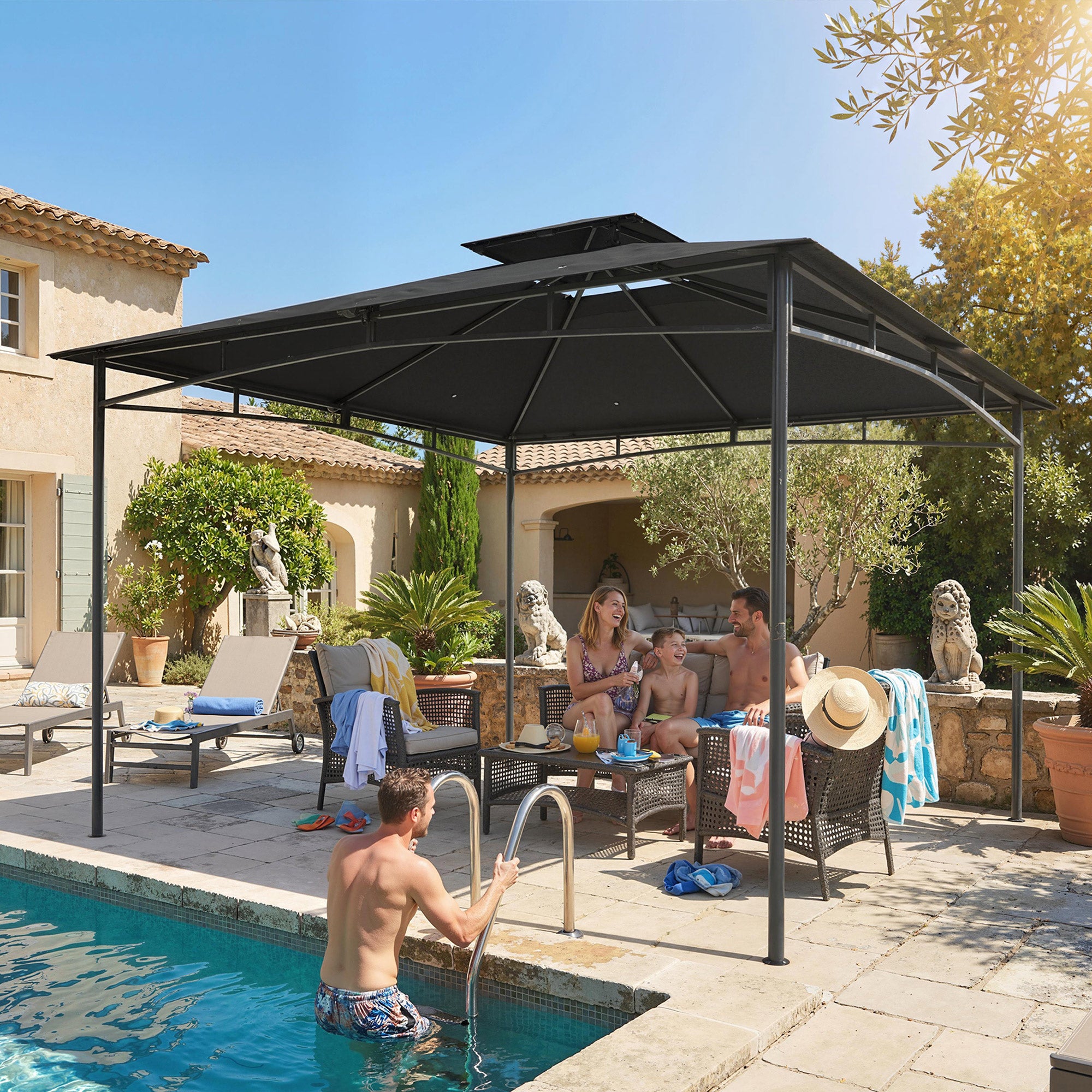 Outsunny 3 x 3 m Gazebo, Garden Gazebo with 2-Tier Roof, Metal Frame, Dark Grey