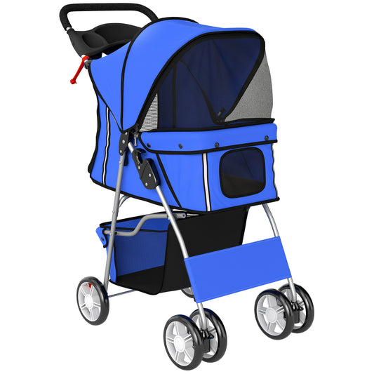 PawHut Dog Pram, Pet Stroller with Reflective Strips, Foldable Cat Stroller with 360° Swivel Wheels, Blue