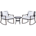 Outsunny Rattan Bistro Set, 3 Pieces Wicker Garden Furniture Set with Rocking Chairs and Round Glass Top Coffee Table, Small Balcony Furniture with Cushions for Outdoor, Porch, Brown