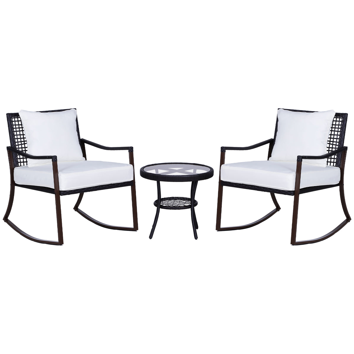 Outsunny Rattan Bistro Set, 3 Pieces Wicker Garden Furniture Set with Rocking Chairs and Round Glass Top Coffee Table, Small Balcony Furniture with Cushions for Outdoor, Porch, Brown