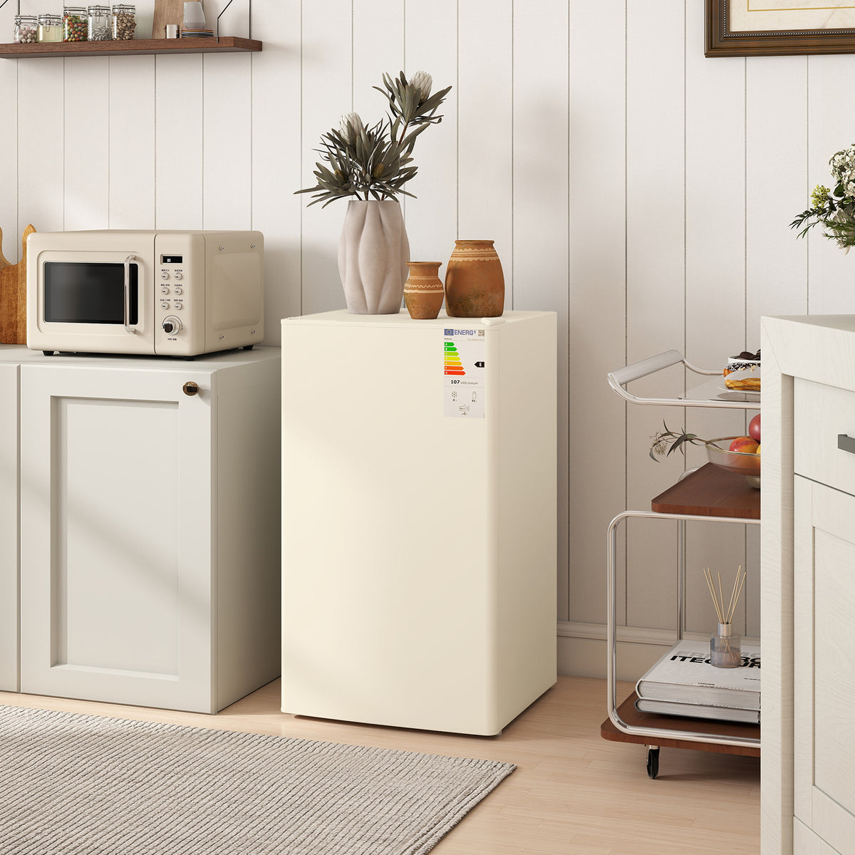 Under Counter Fridge, 91L Small Fridge with Chiller Box, Removable Shelf, Reversible Door, Adjustable Legs, Mini Refrigerator, Beige
