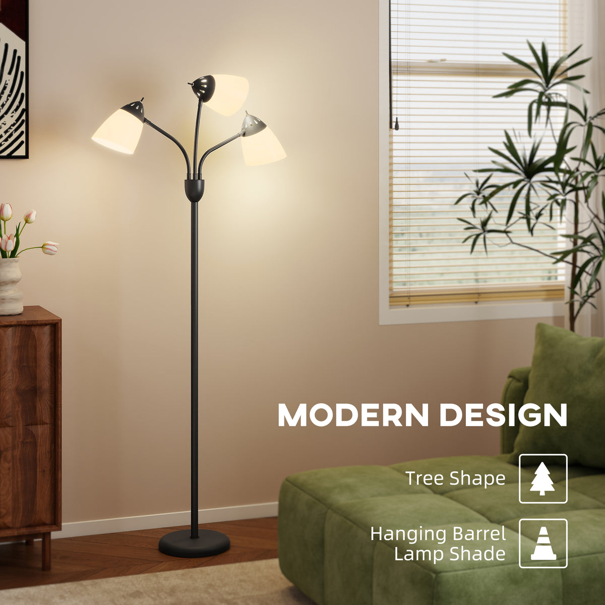 Arc Tree Floor Lamp with 3 Adjustable Rotating Lights and 3000K/4500K/6500K Colour Temperatures, Industrial Standing Lamp with Steel Frame for Bedroom Living Room, 155cm, Black
