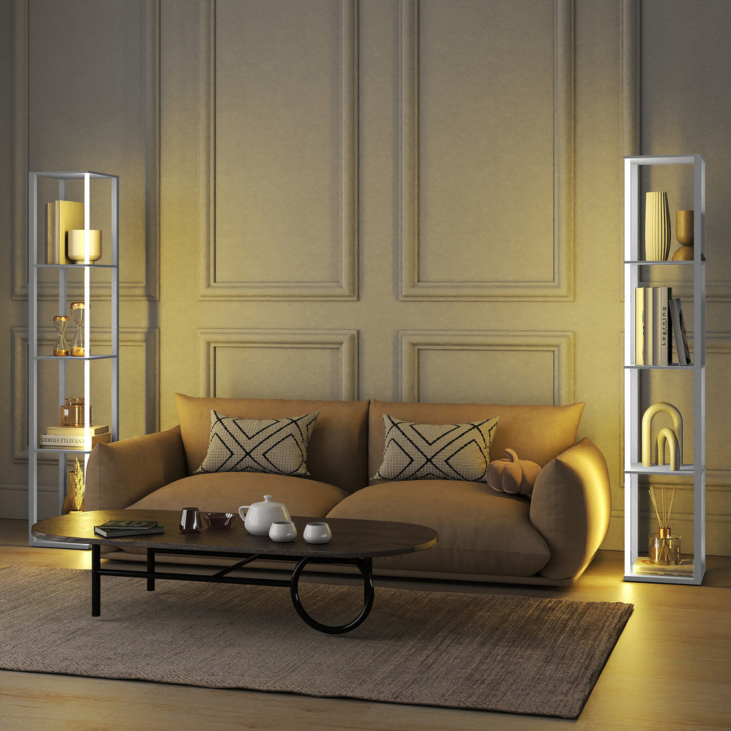RGB LED Floor Lamp with Shelves, Modern Dimmable Standing Lamp with Remote Control, Adjustable Brightness & Speed for Living Room, Bedroom, Office, White