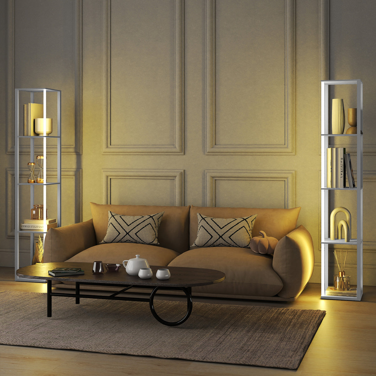 RGB LED Floor Lamp with Shelves, Modern Dimmable Standing Lamp with Remote Control, Adjustable Brightness & Speed for Living Room, Bedroom, Office, White