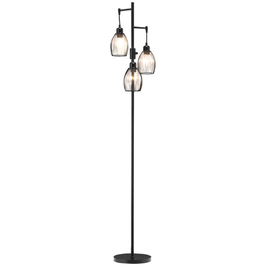 3-Light Floor Lamp, 170cm Industrial Dimmable Standing Lamp with Steel Wire Cage Lampshades for Living Room, Bedroom, Dining Room, Study, Bulb Not Included, Black