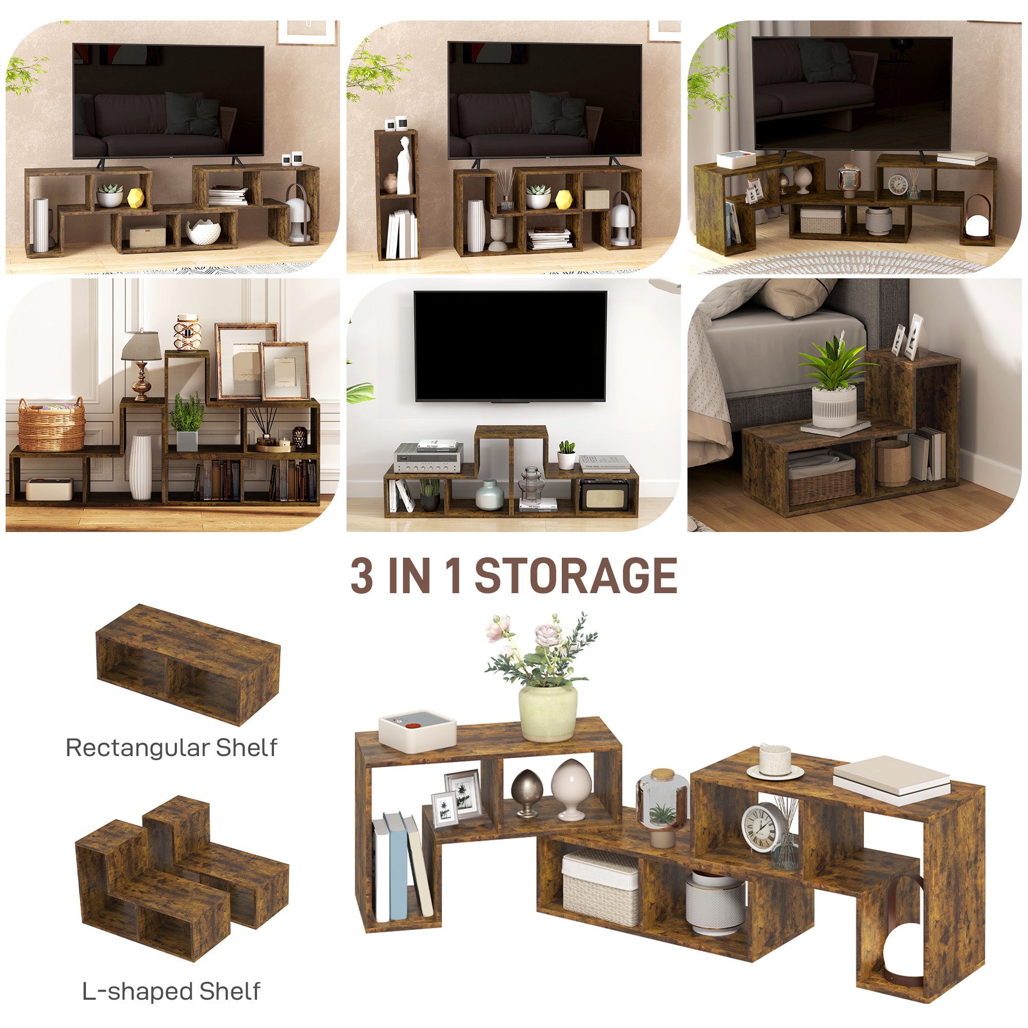 Three-Block Modular TV Stand - Rustic Brown