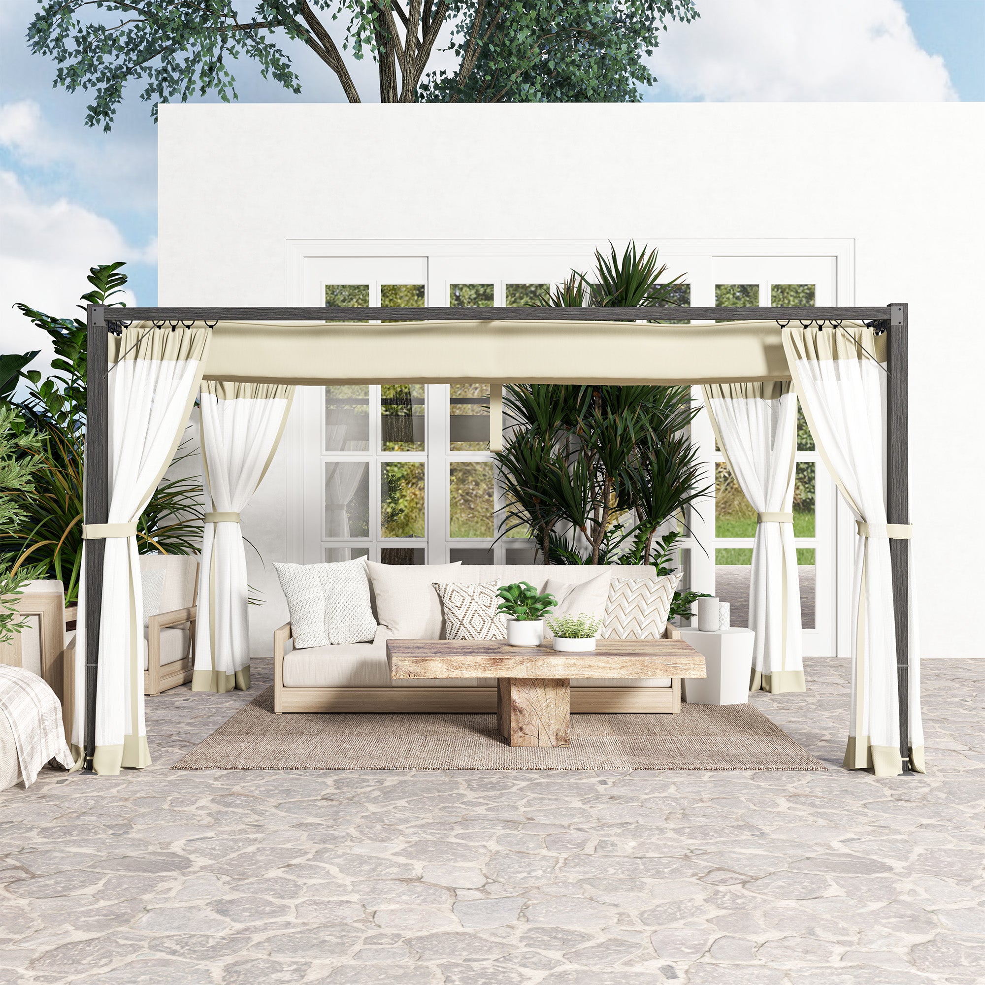 Outsunny 3 x 4m Aluminium Frame Pergola, with Retractable Roof - Khaki