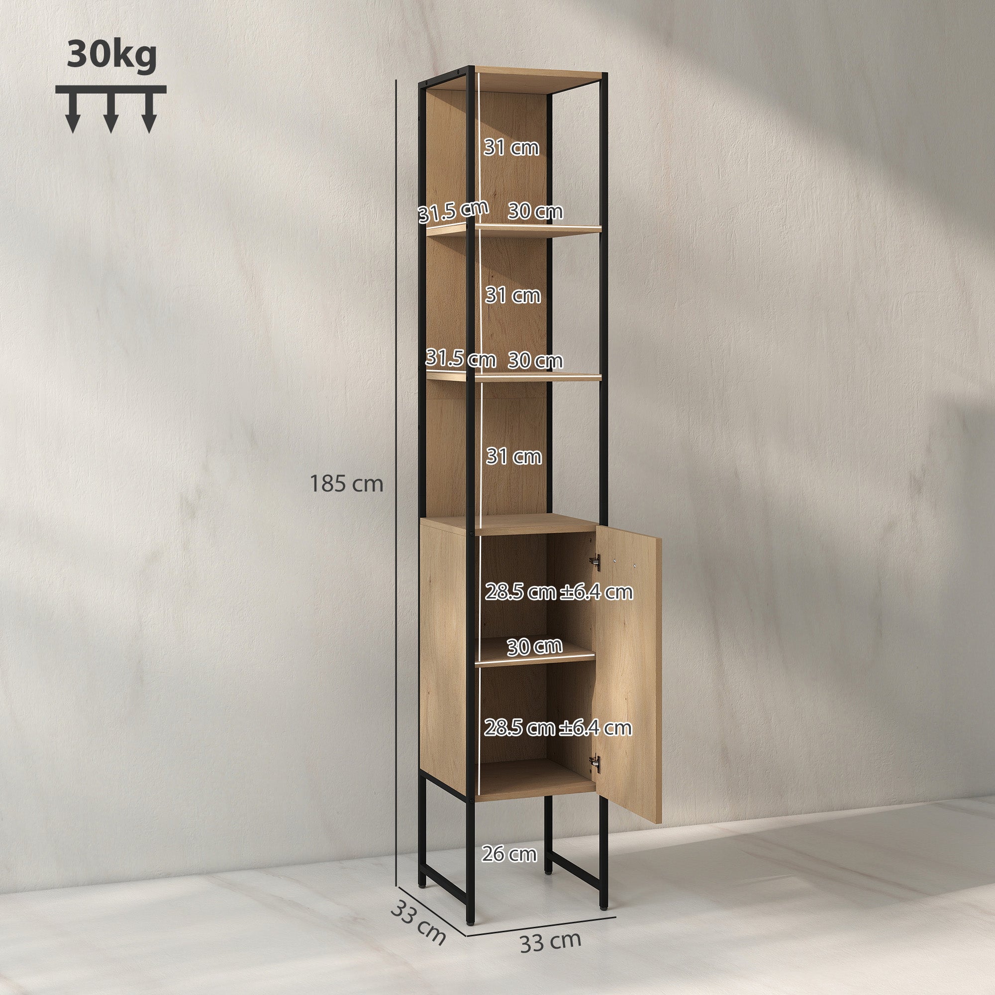 HOMCOM Tall Bathroom Cabinet with Open Shelves and Adjustable Shelf - Natural Wood Finish
