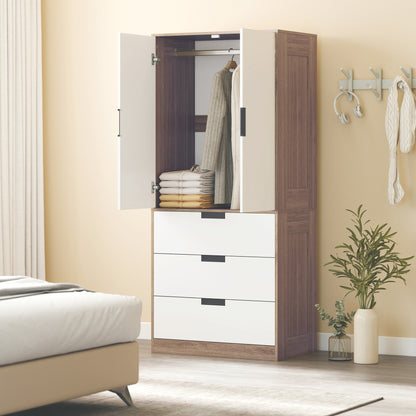 Modern Clothes Storage Cupboard Unit, 3 Drawer 2 Door Wardrobe with Hanging Rod, White/Brown