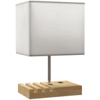 Bedside Lamp with USB A+C Charging Ports and 3 Phone Stands, Modern Table Lamp with Solid Wood Base and Fabric Shade for Bedroom Living Room Office, E27 Socket, Bulb Not Included, White