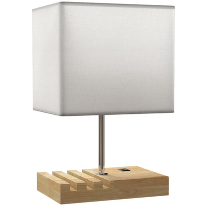 Bedside Lamp with USB A+C Charging Ports and 3 Phone Stands, Modern Table Lamp with Solid Wood Base and Fabric Shade for Bedroom Living Room Office, E27 Socket, Bulb Not Included, White