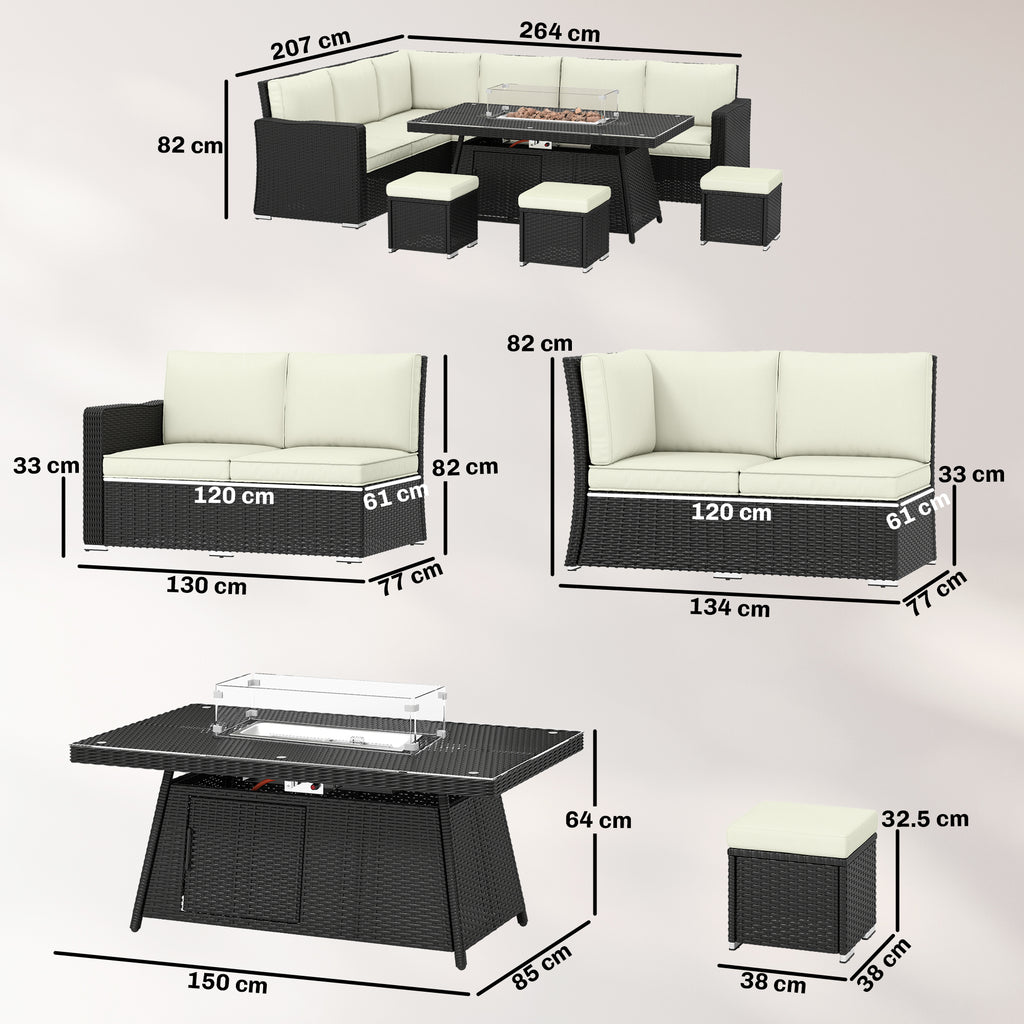 Outsunny 7 Pieces PE Rattan Garden Furniture Set, 50,000 BTU Gas Fire Pit Table, Double Corner Sofa and 3 Footstools