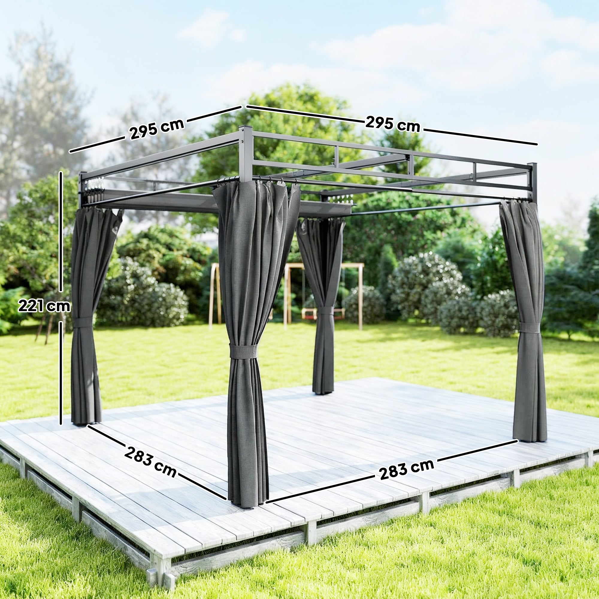 Outsunny 3 x 3 m Pergola with Retractable Roof Canopy and Curtains, UPF30+ Metal Frame Garden Pergola Gazebo Sun Shade, Dark Grey