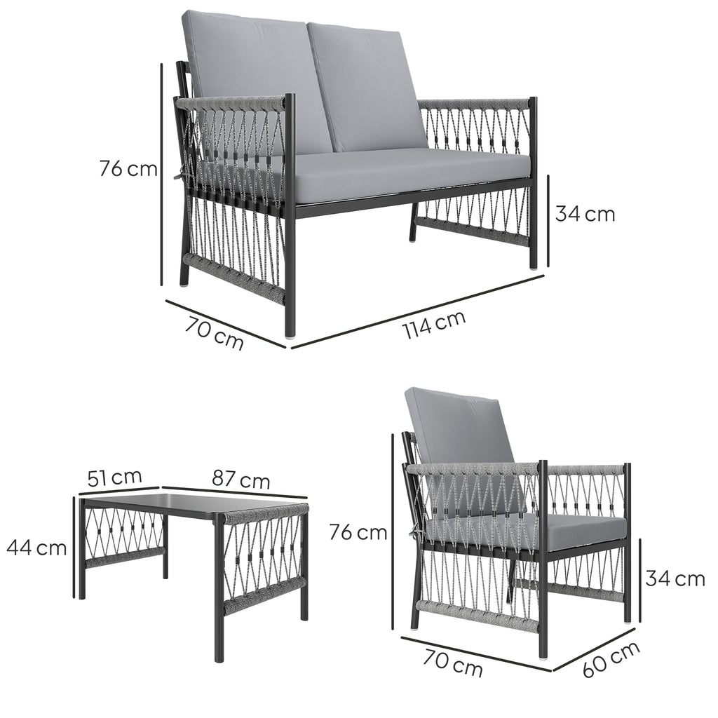 Outsunny 4 Piece Rattan Garden Furniture Set, 4 Seater Wicker Patio Conversation Set with 2 Armchairs, Loveseat, Glass Top Coffee Table and Cushions for Outdoor, Balcony, Grey