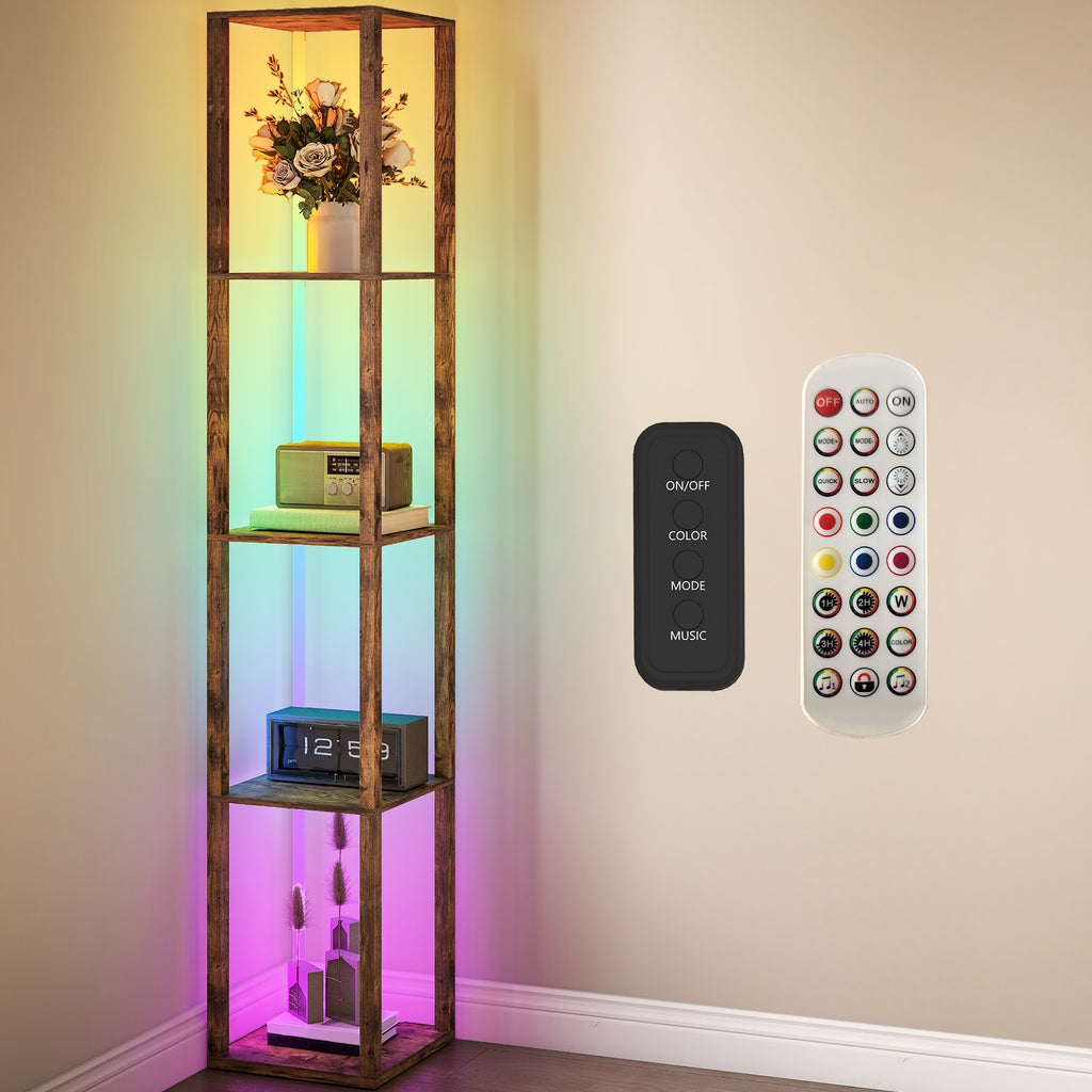 RGB LED Floor Lamp with Shelves, Modern Dimmable Standing Lamp with Remote Control, Adjustable Brightness & Speed for Living Room, Bedroom, Office, Rustic Brown