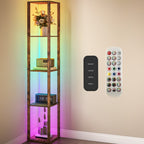 RGB LED Floor Lamp with Shelves, Modern Dimmable Standing Lamp with Remote Control, Adjustable Brightness & Speed for Living Room, Bedroom, Office, Rustic Brown