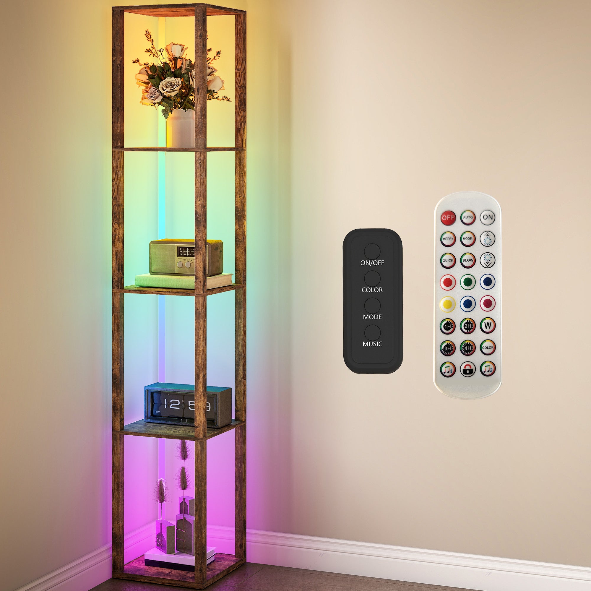 RGB LED Floor Lamp with Shelves, Modern Dimmable Standing Lamp with Remote Control, Adjustable Brightness & Speed for Living Room, Bedroom, Office, Rustic Brown
