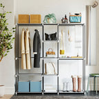 Portable Wardrobe, Open Clothes Wardrobe with 8 Shelves, 3 Hanging Rails, Light Grey