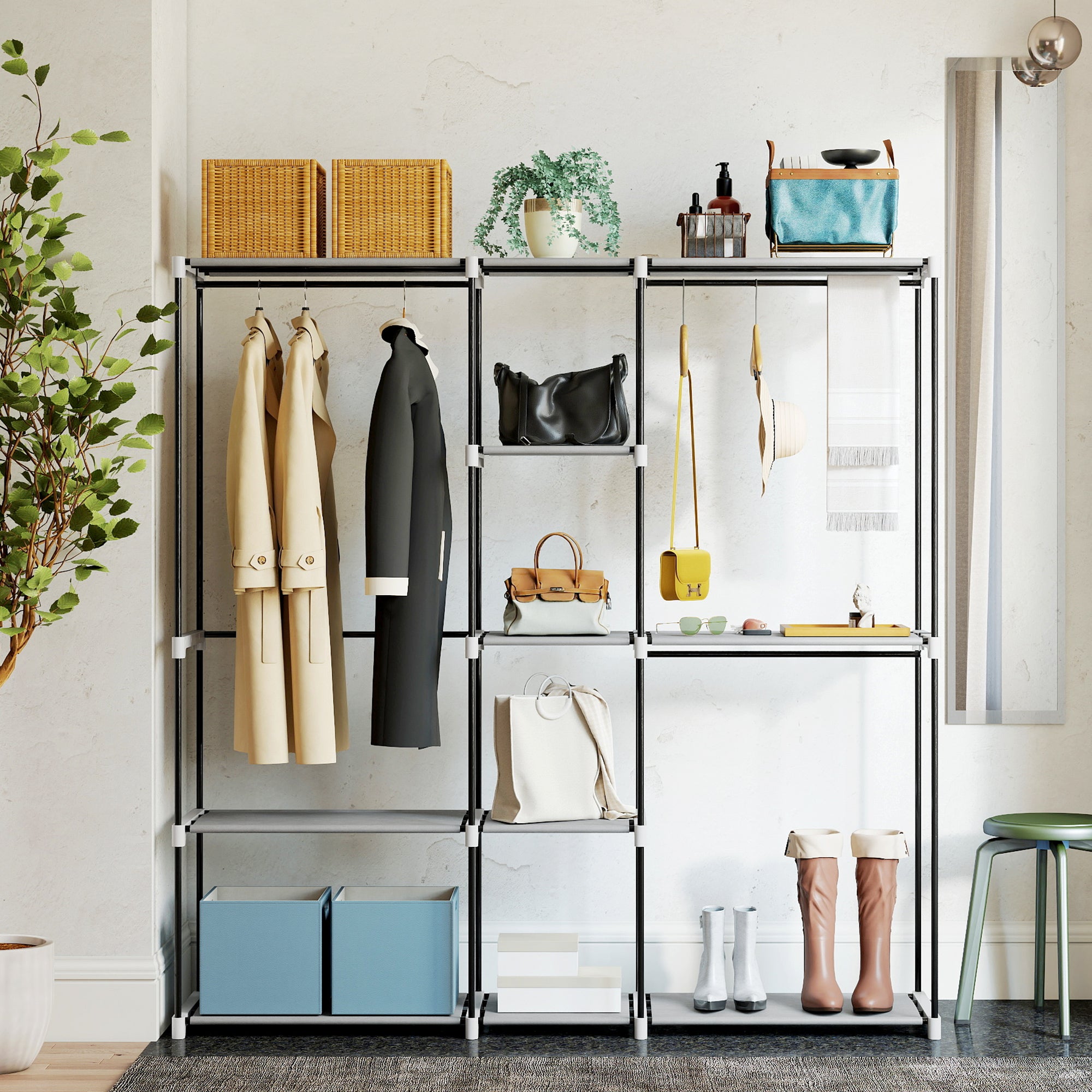 Portable Wardrobe, Open Clothes Wardrobe with 8 Shelves, 3 Hanging Rails, Light Grey