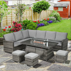 Outsunny All-Season Fire Pit Patio Furniture Set Wicker Sofa Set With 50000 Btu Fire Table For Outdoor Gatherings - Grey
