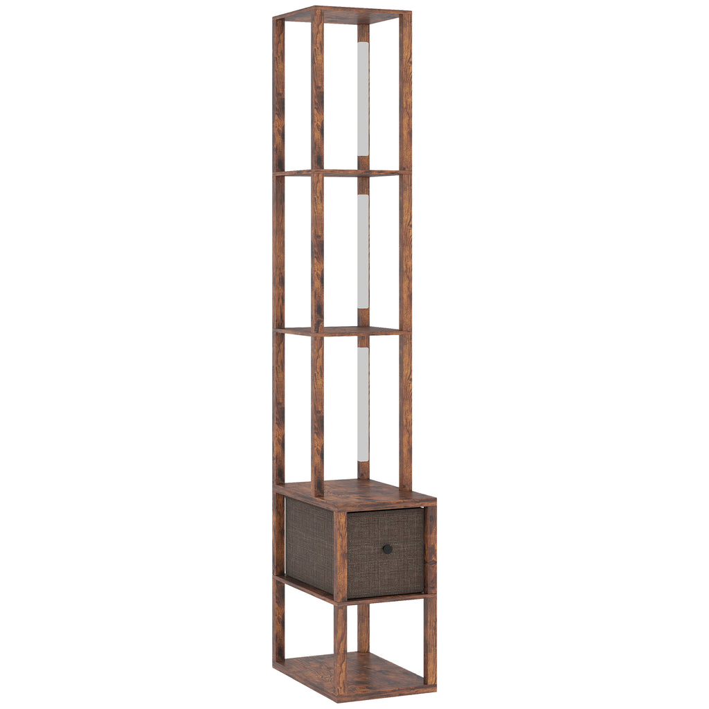 Floor Lamp with Shelves, LED Column Modern Standing Lamp with Fabric Drawer, Adjustable Brightness, Foot Switch for Living Room, Bedroom, Office, Rustic Brown