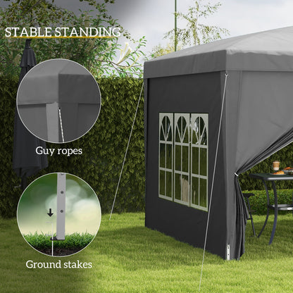 Outsunny 3 x 3 m Garden Pop Up Gazebo, Wedding Party Tent Marquee, Water Resistant Awning Canopy with Sidewalls, Windows, Carry Bag, Grey