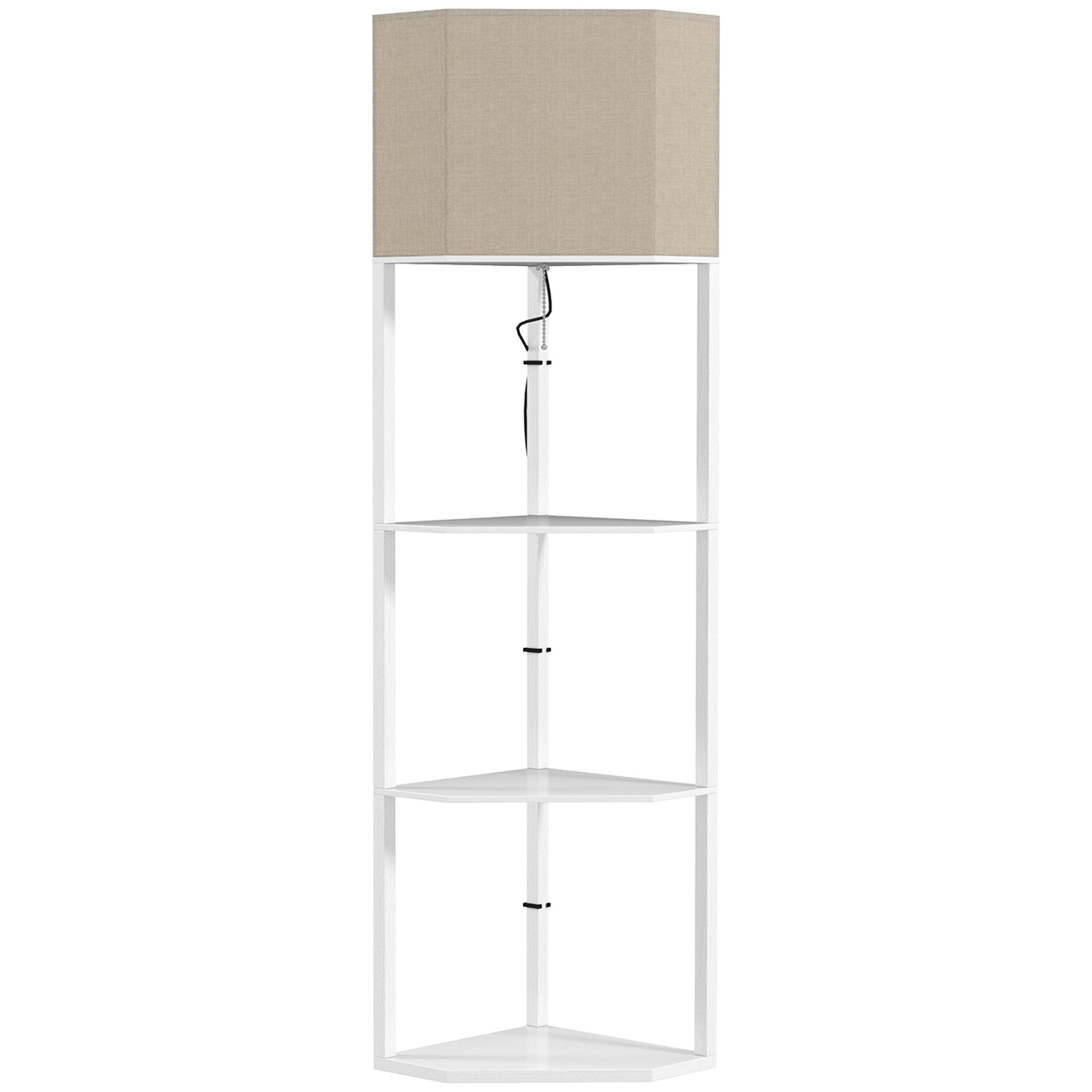 Corner Floor Lamp with Shelves, Tall Standing Lamps for Living Room, with Pull Chain Switch Bulb not Included, White