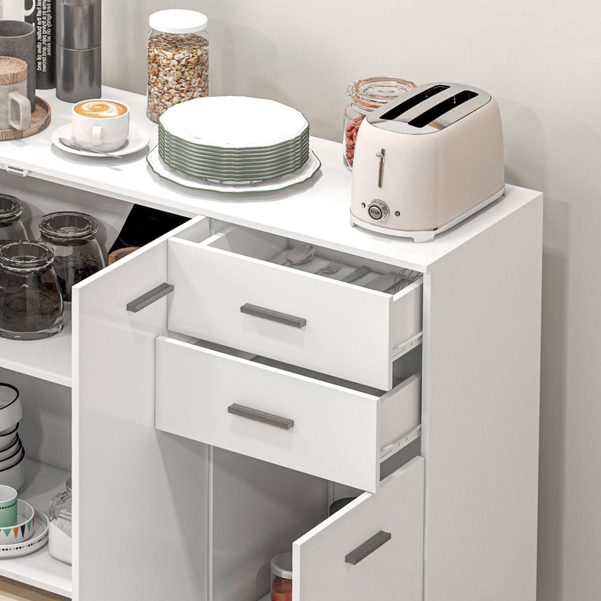 Sideboard, Modern Storage Cabinet with 2 Drawers, 3 Doors and Adjustable Shelves, Kitchen Cabinet, White