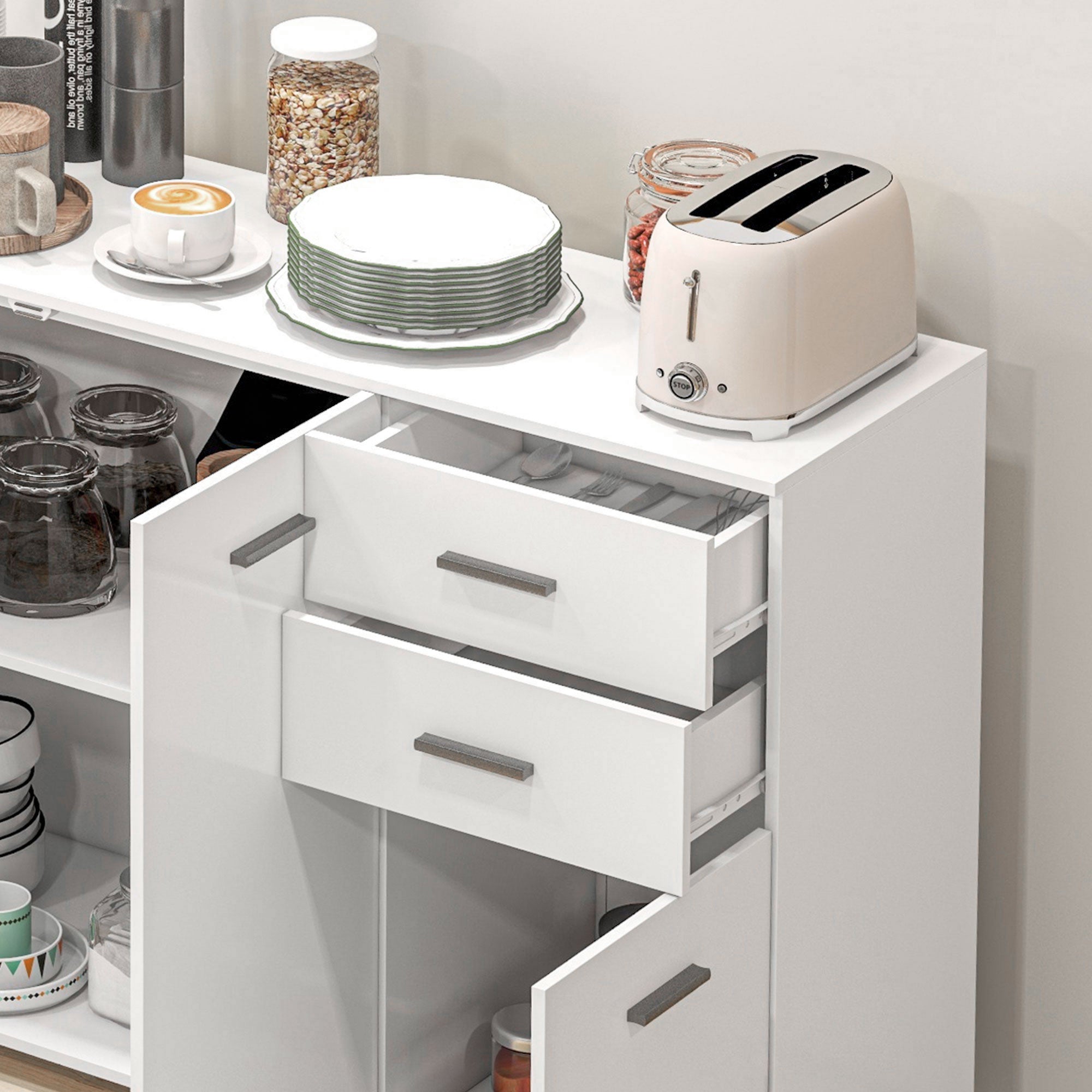 HOMCOM Sideboard, Modern Storage Cabinet with 2 Drawers, 3 Doors and Adjustable Shelves, Kitchen Cabinet, White