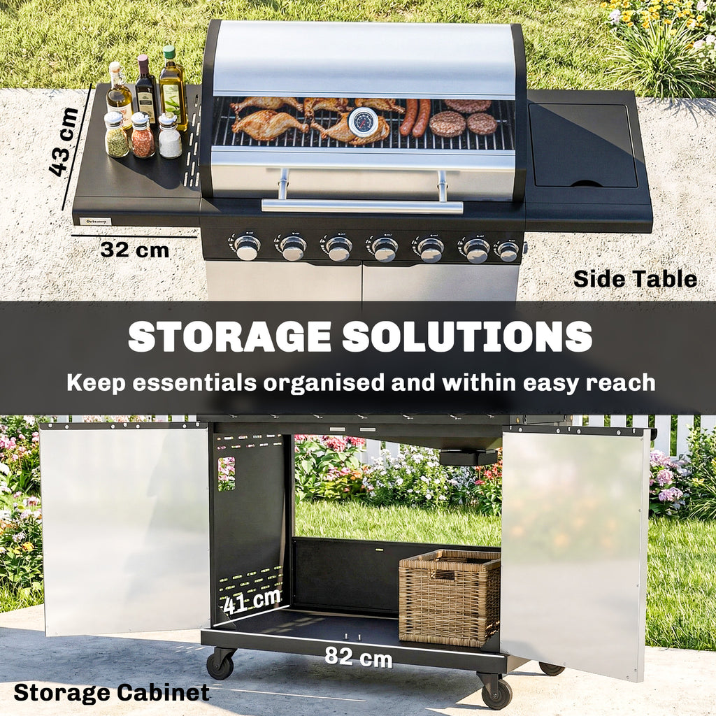 Outsunny 6+1 Burner Gas BBQ Grill, Outdoor Barbecue Trolley with Wheels, Warming Rack, Thermometer, Bottle Opener, Silver Tone