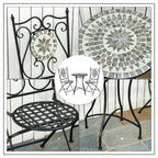 Outsunny 3 Pcs Mosaic Tile Garden Bistro Set Outdoor Seating w/ Table 2 Folding Chairs Set Metal Frame Elegant Scrolling Indoor Patio Balcony