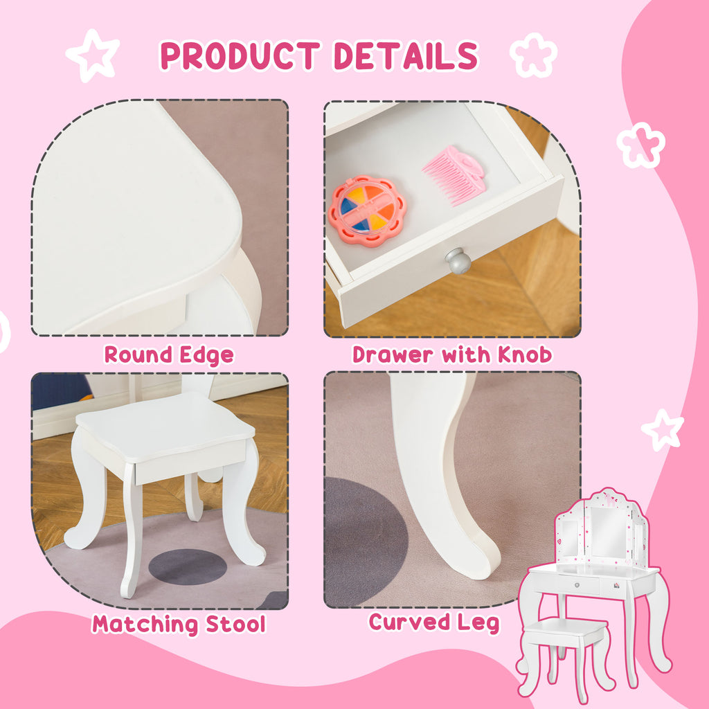 HOMCOM Kids Vanity Table and Chair Set with Tri-Folding Mirror and Stool, Makeup Dressing Table with Drawer, White