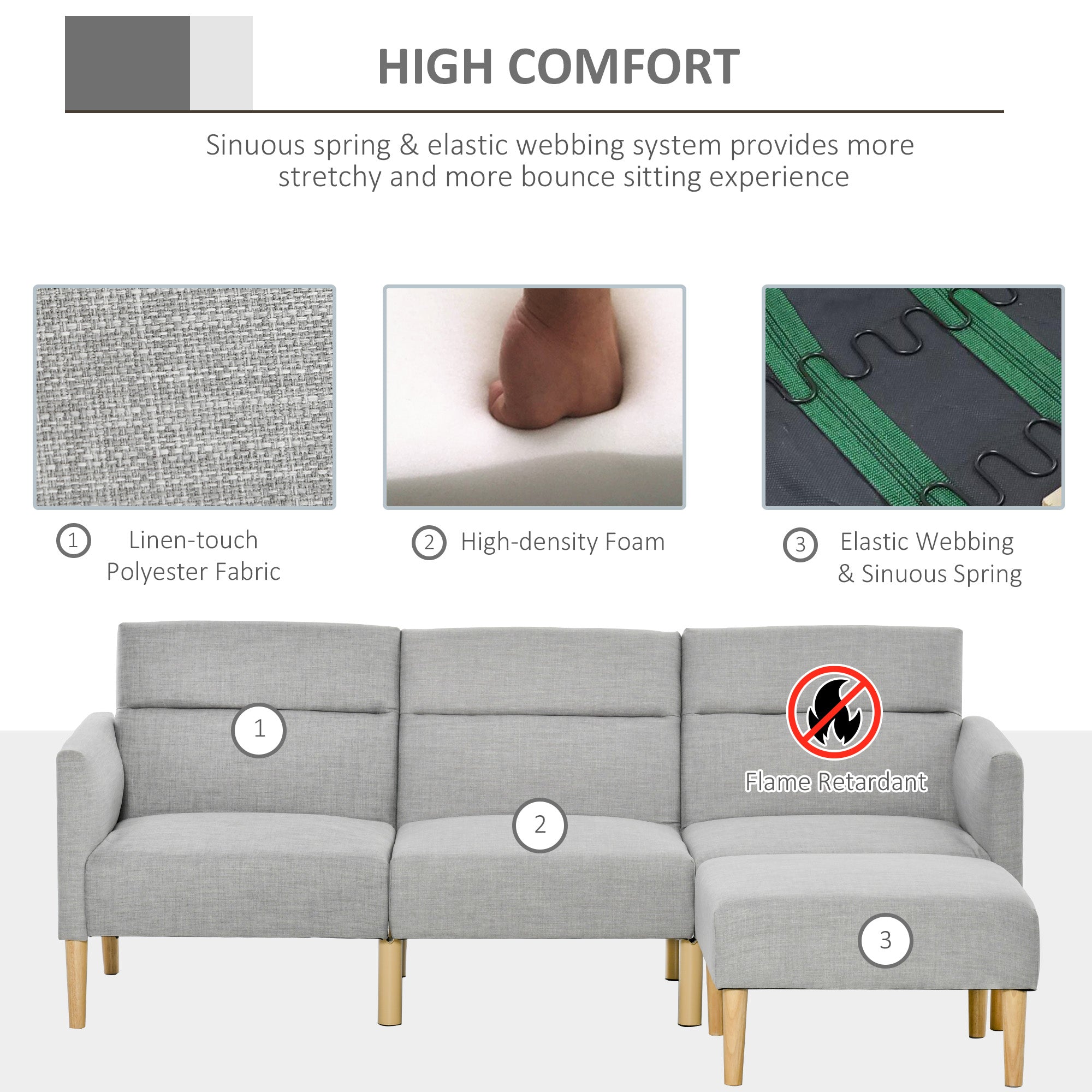 HOMCOM L Shape Sofa Bed Set, Linen Fabric Corner Sofa Bed with Rubber Wood Legs and Footstool, Light Grey