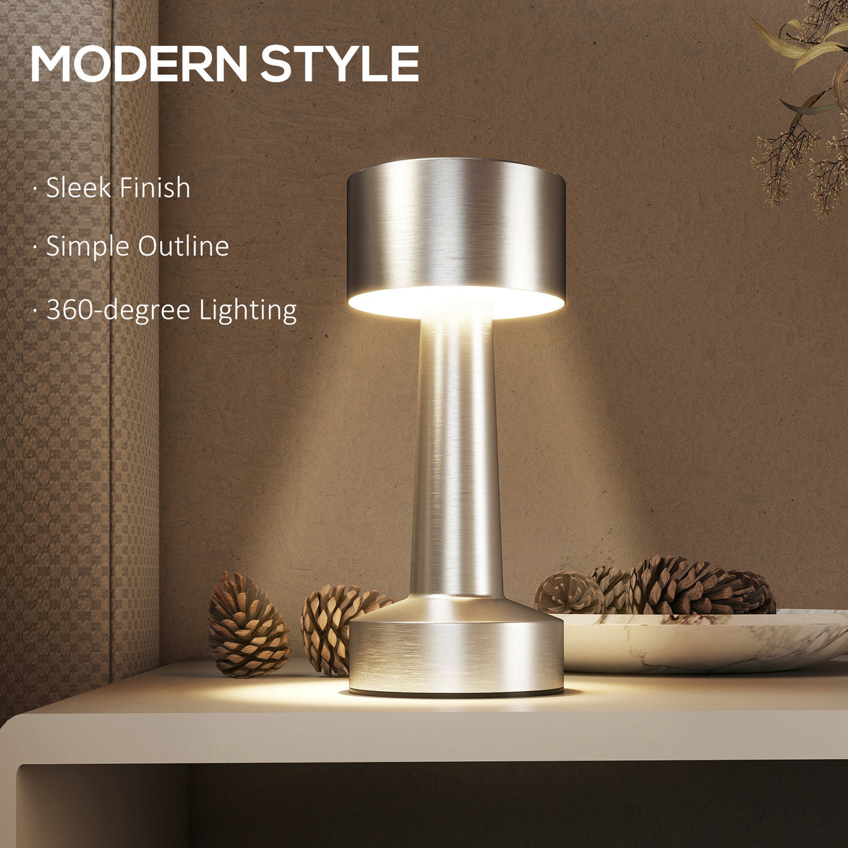Cordless Table Lamp, Touch LED Desk Lamp with Rechargeable Battery, 3 Colour, for Bedroom Living Room, Silver