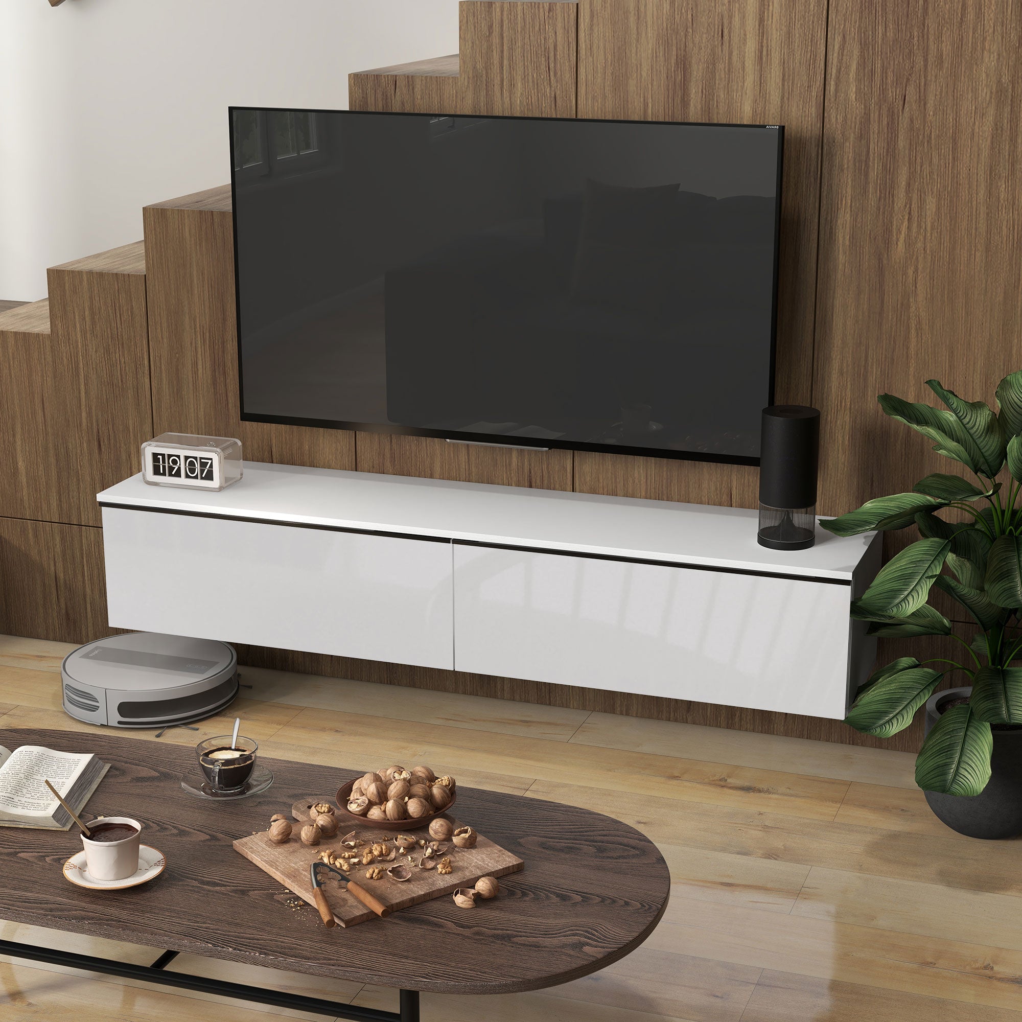 160cm High Gloss Floating TV Unit Stand for TVs up to 70", Wall Mounted TV Cabinet with Storage Cupboards, White