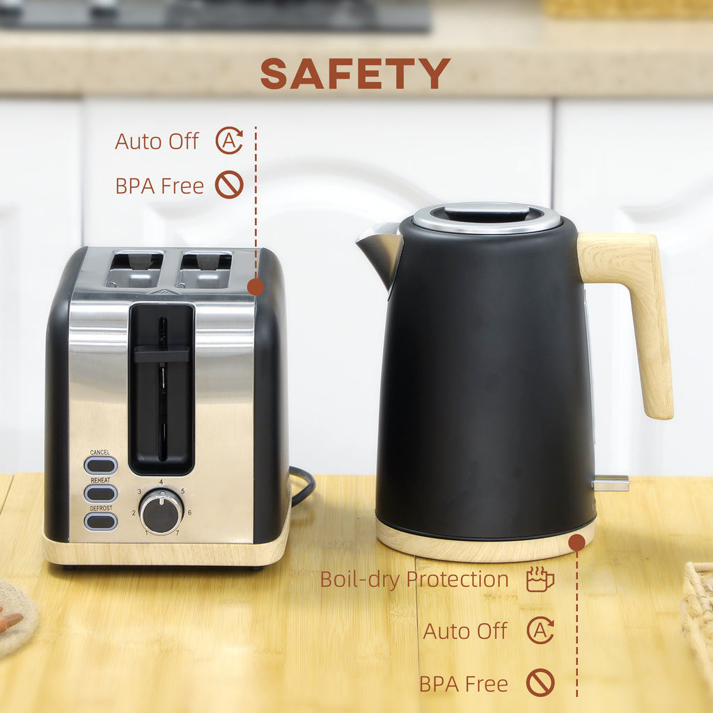Stainless Steel Kettle and Toaster Set, 1.7L 3000W Fast Boil Kettle & 2 Slice Toaster Kitchen Set with 7 Level Browning Controls, Defrost, Reheat, Auto Off, Boil-dry Protection, Black