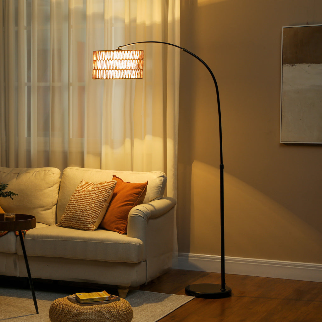 Rattan Floor Lamp for Living Room, Farmhouse Arc Standing Lamp with Dual-Layer Shade & Foot Switch, Height Adjustable Minimalist Tall Pole Lampshade for Bedroom, Office, Black
