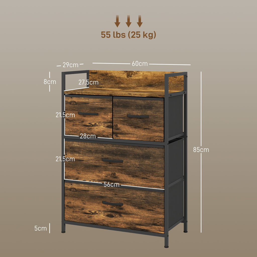 HOMCOM Rustic Chest of Four Fabric Drawers - Rustic Brown