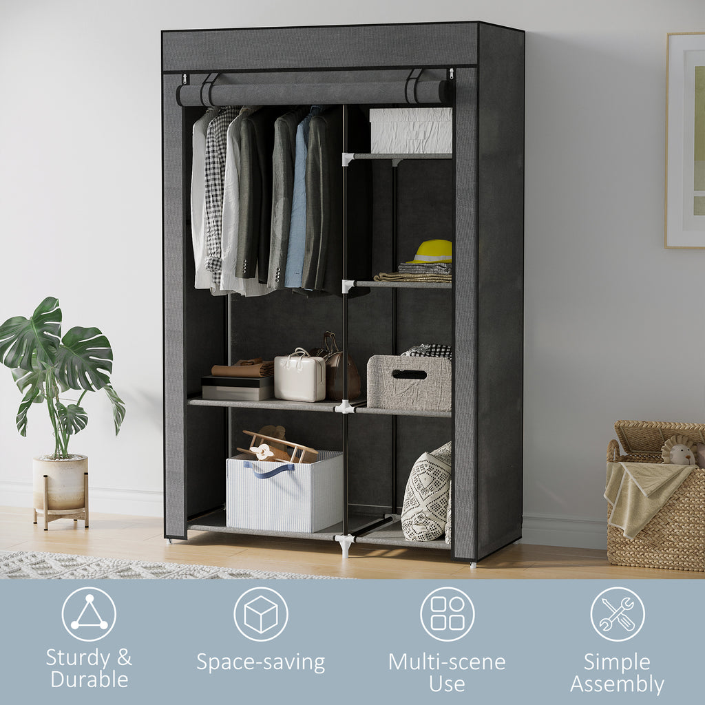 Fabric Wardrobe w/ Shelves Hanging Rail Foldable Wardrobe Dark Grey