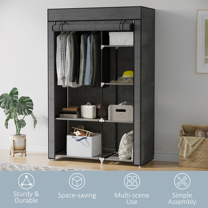 Fabric Wardrobe w/ Shelves Hanging Rail Foldable Wardrobe Dark Grey