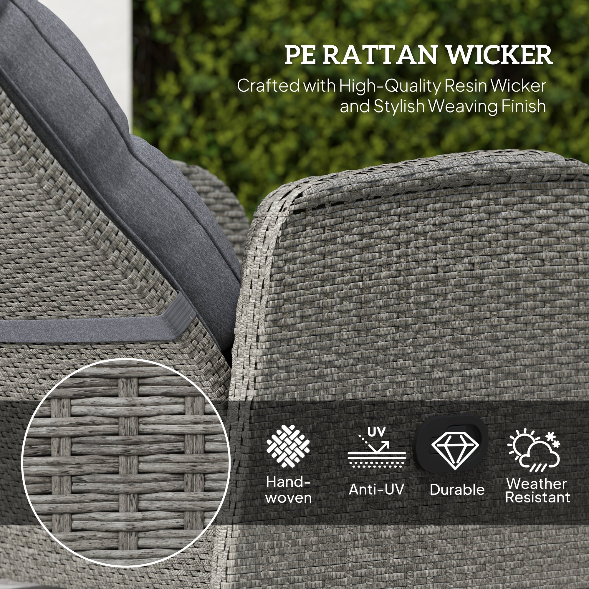 Outsunny 2 Seater Patio Rattan Wicker No Installation Chaise Lounge Sofa Set w/ Cushion for Patio Garden Porch, Grey