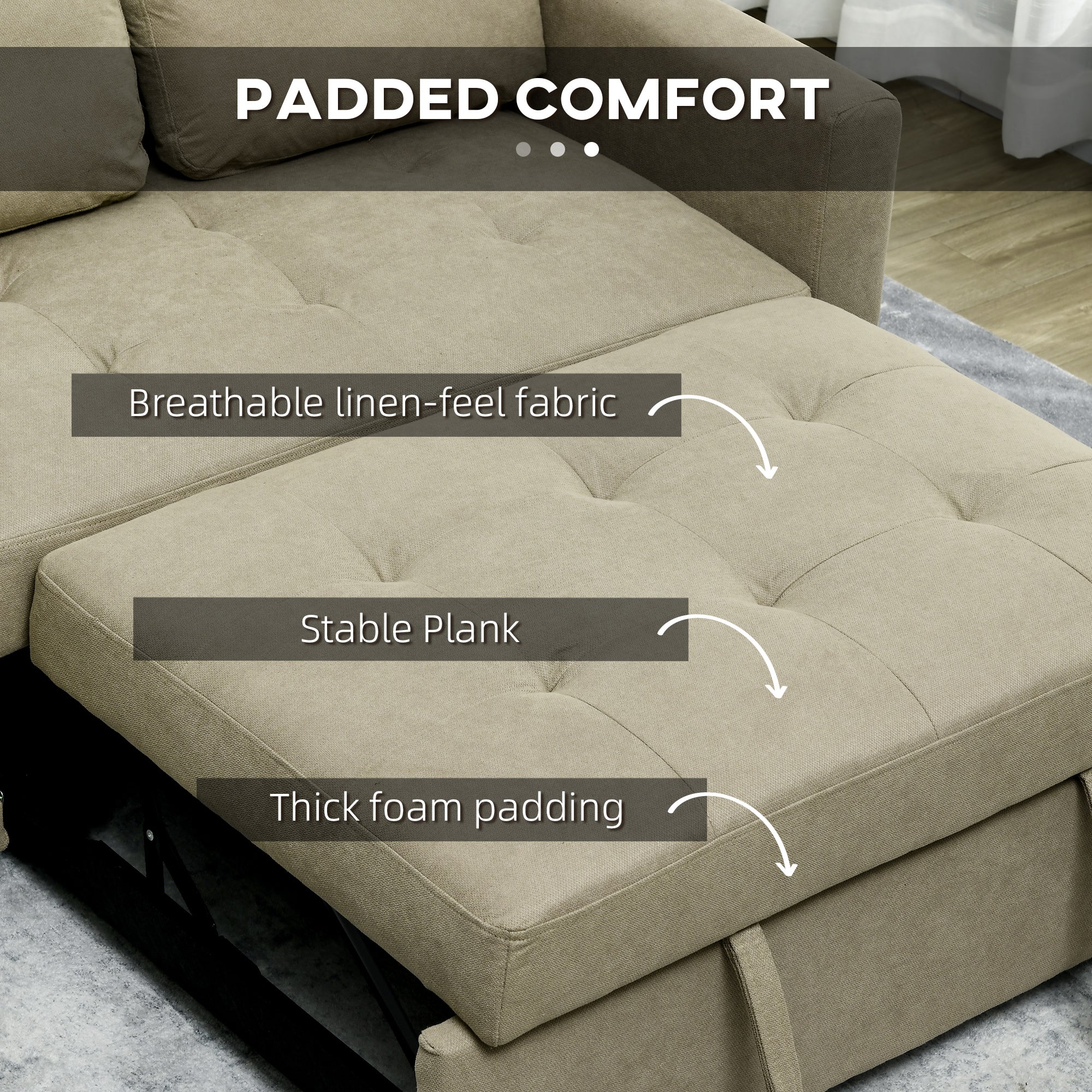 HOMCOM Loveseat Sofa Bed, Convertible Bed Settee with 2 Pillows, Side Pockets, Light Brown