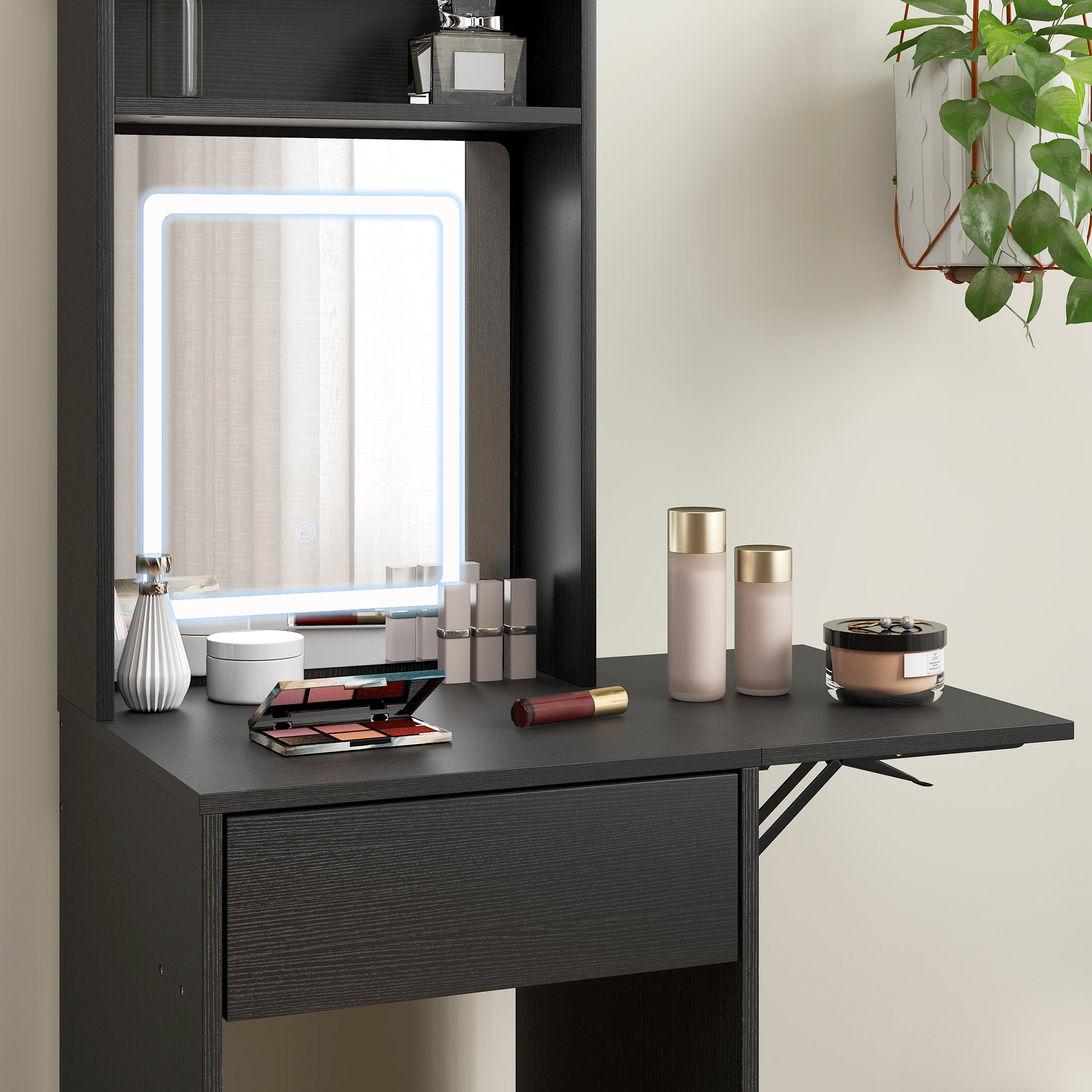 HOMCOM Small Vanity Desk with Mirror and LED Lights, Compact Dressing Table with Drop Leaf, Open Shelves and Drawer, Black