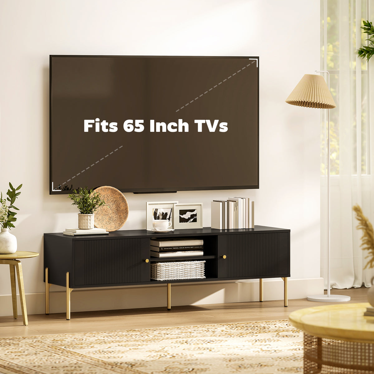 TV Stand for TVs up to 65", Entertainment Center with 2 Open Shelves, 2 Cabinets and Steel Legs for Living Room, Black
