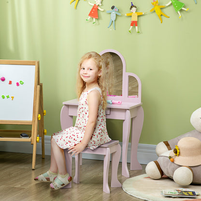 Kids Dressing Table Set, with Mirror and Drawer - Pink