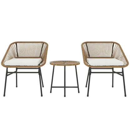 Outsunny 3 Pieces Rattan Bistro Set, Wicker Small Garden Table and Chairs Set with Cushions and Glass Top Coffee Table, Bistro Garden Furniture Set for Outdoor, Patio, Balcony, Natural
