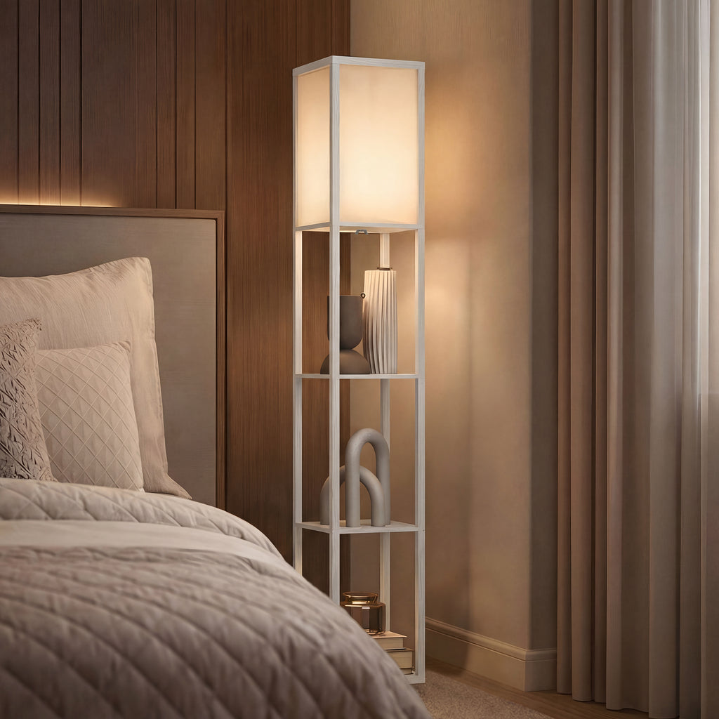 3-Tier Floor Lamp with Shelves and Storage, Modern Corner Standing Lamp with Lampshade, Reading Light with Foot Switch for Living Room, Bedroom, Home Office, Bulb not Included, White