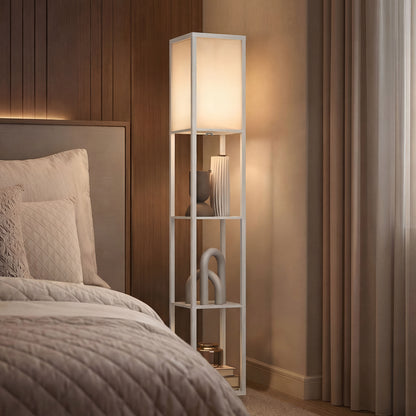3-Tier Floor Lamp with Shelves and Storage, Modern Corner Standing Lamp with Lampshade, Reading Light with Foot Switch for Living Room, Bedroom, Home Office, Bulb not Included, White